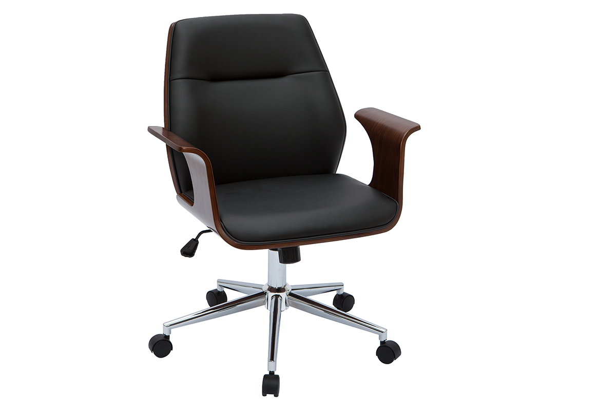 Chaise de bureau � roulettes design noir, bois fonc� noyer et acier chrom� RUFIN