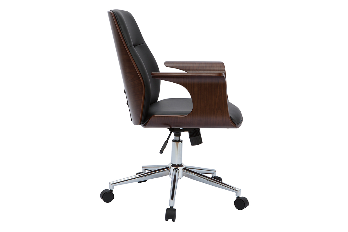 Chaise de bureau � roulettes design noir, bois fonc� noyer et acier chrom� RUFIN