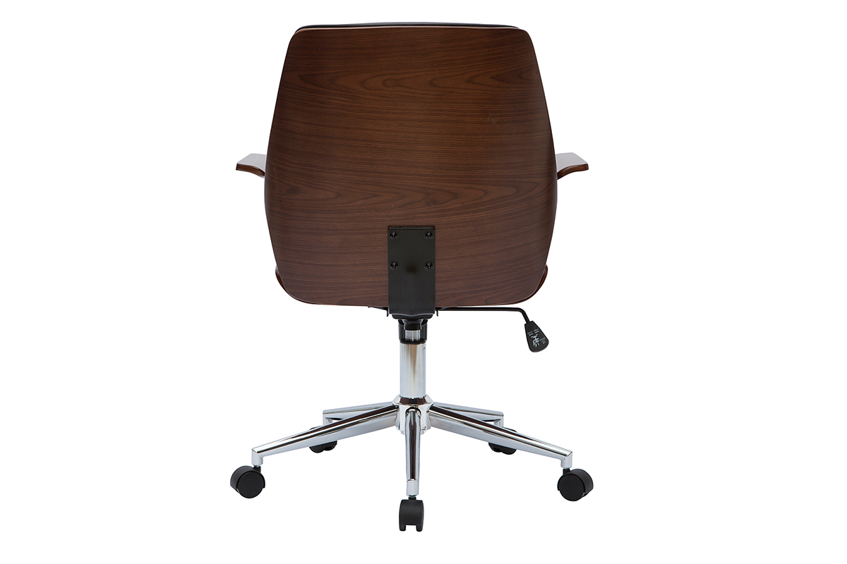 Chaise de bureau � roulettes design noir, bois fonc� noyer et acier chrom� RUFIN