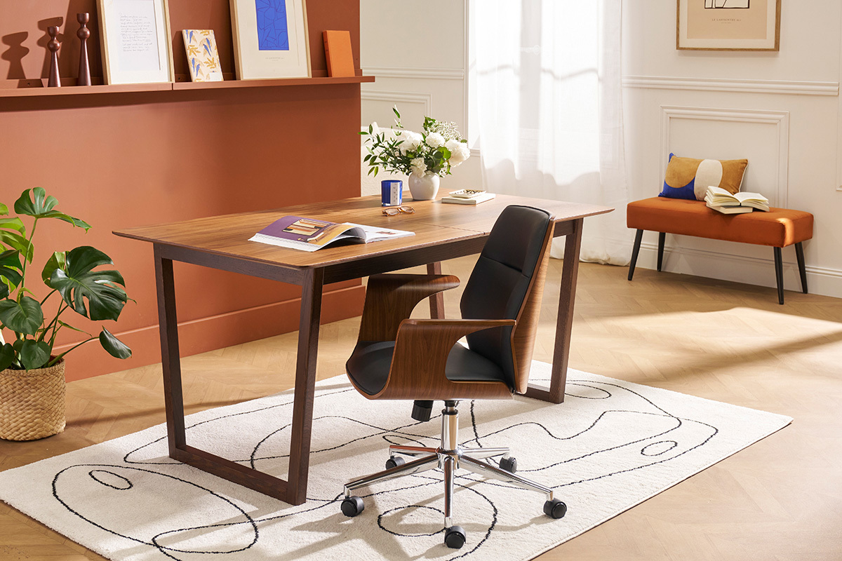 Chaise de bureau � roulettes design noir, bois fonc� noyer et acier chrom� RUFIN
