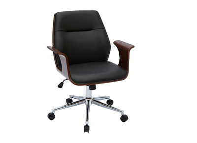Chaise de bureau &agrave; roulettes design noir, bois fonc&eacute; noyer et acier chrom&eacute; RUFIN