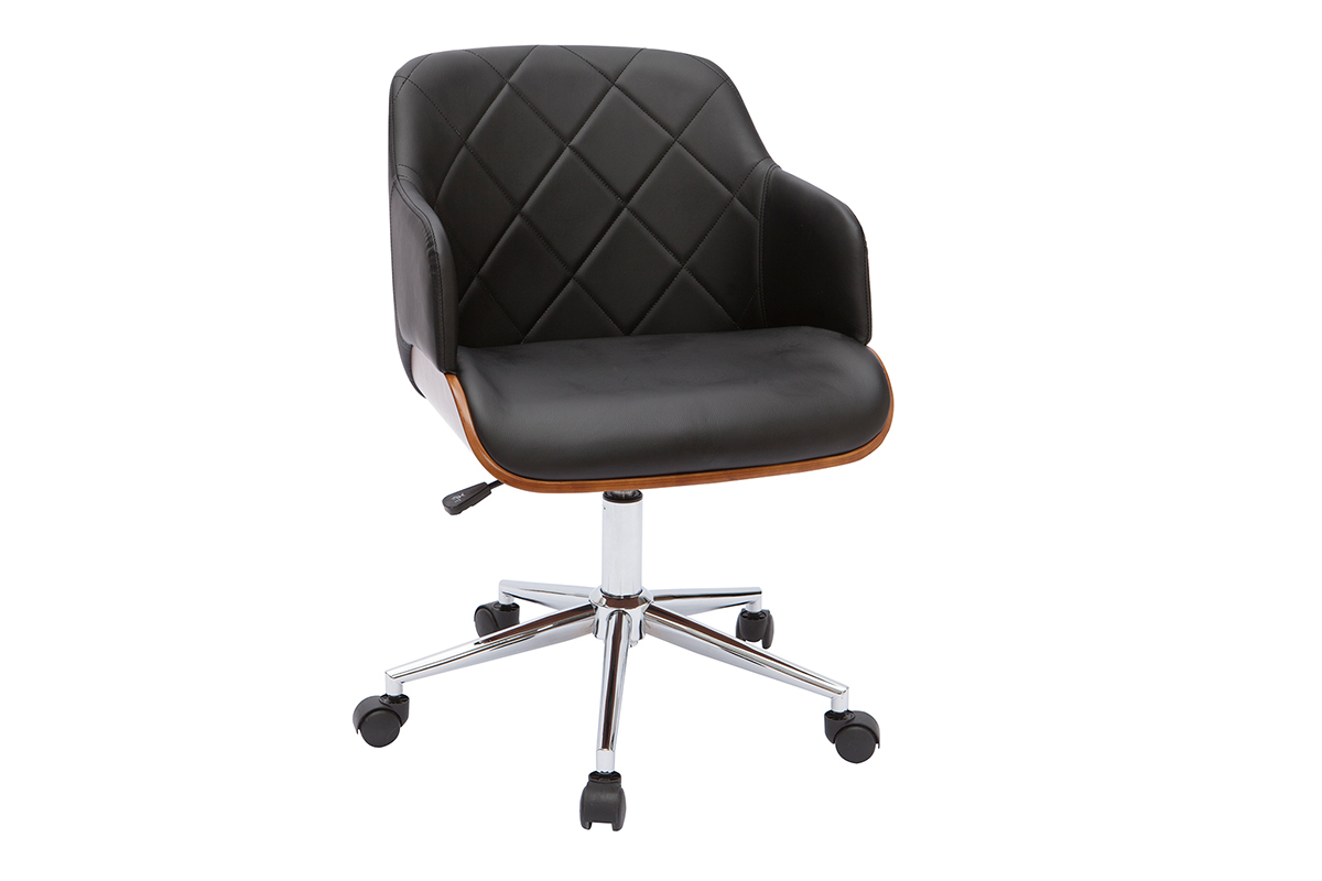 Chaise de bureau � roulettes design noir, bois fonc� noyer et acier chrom� SANDRO