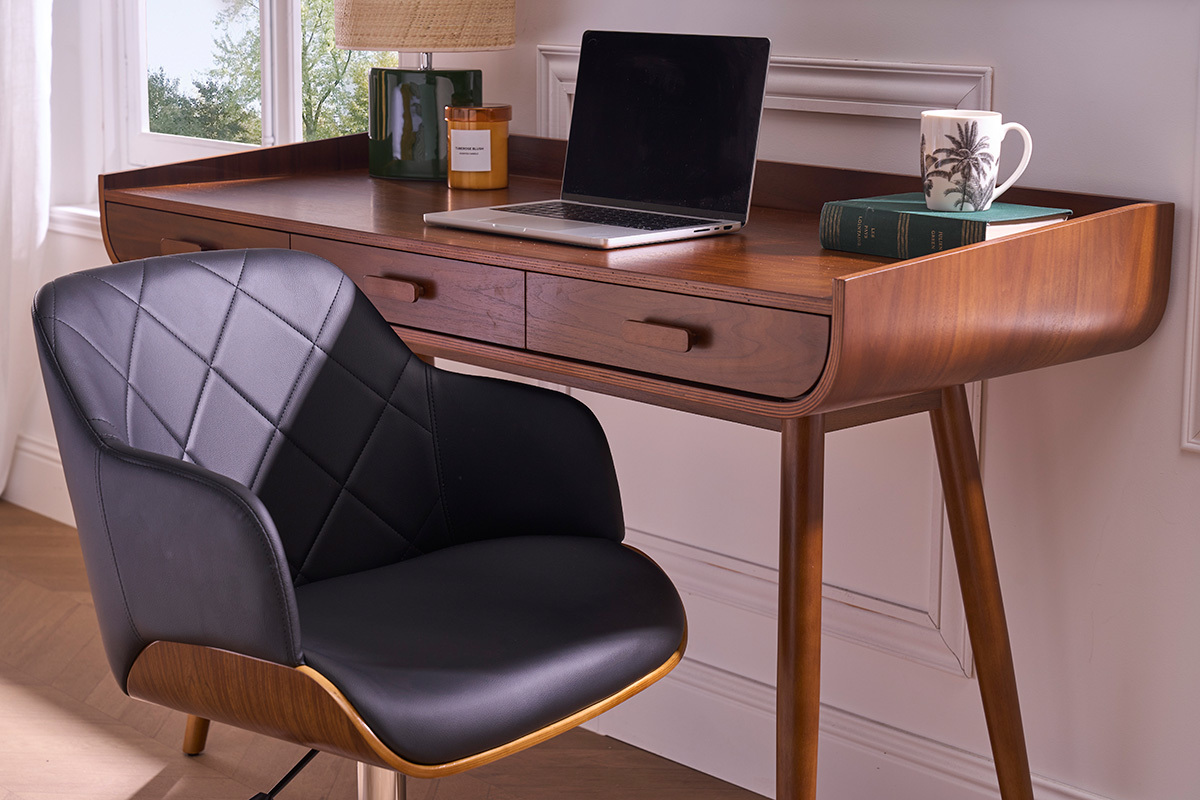 Chaise de bureau � roulettes design noir, bois fonc� noyer et acier chrom� SANDRO