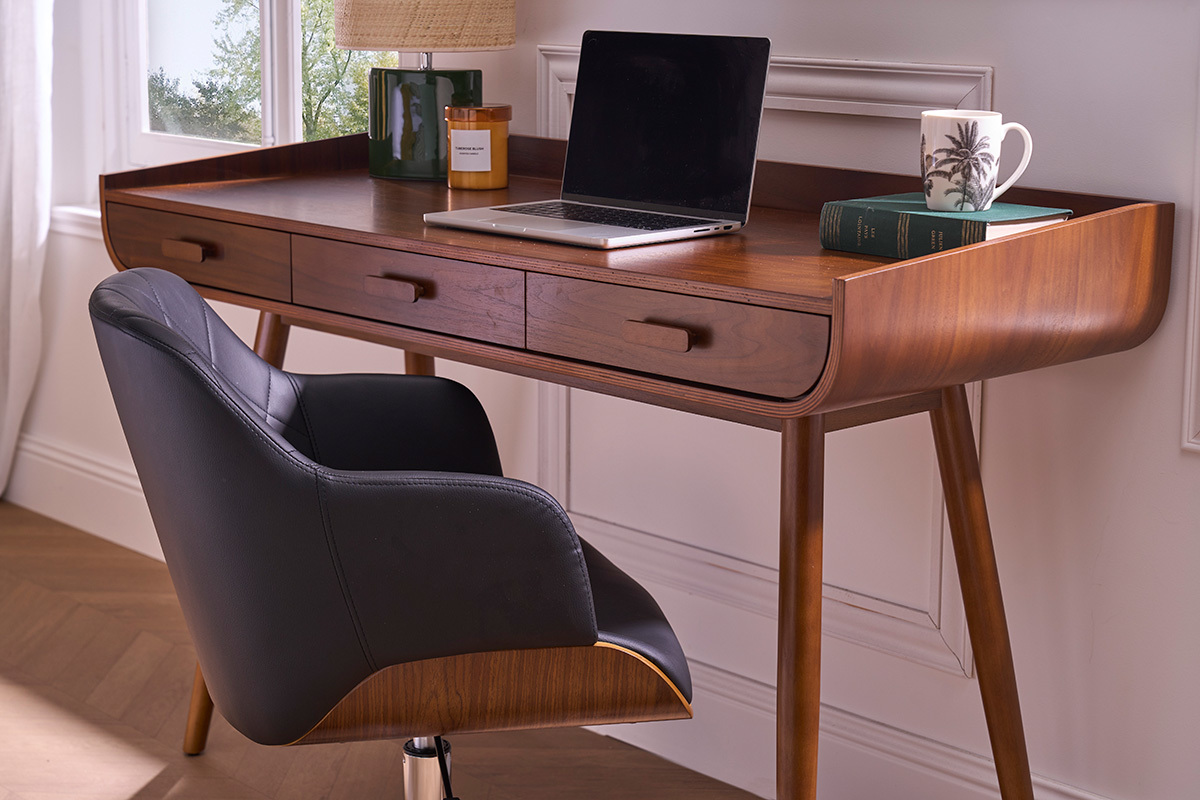 Chaise de bureau � roulettes design noir, bois fonc� noyer et acier chrom� SANDRO