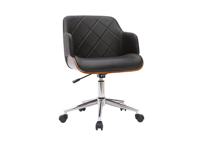 Chaise de bureau &agrave; roulettes design noir, bois fonc&eacute; noyer et acier chrom&eacute; SANDRO