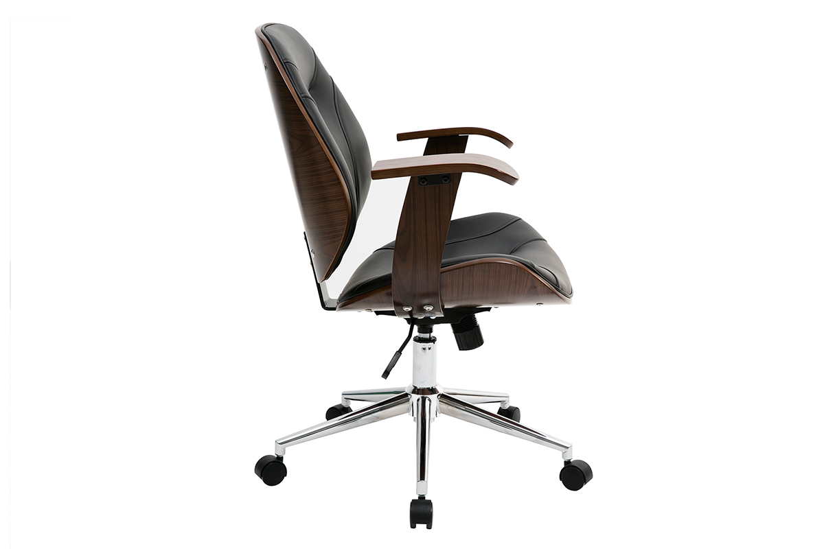 Chaise de bureau � roulettes design noir, bois fonc� noyer et acier chrom� YORKE