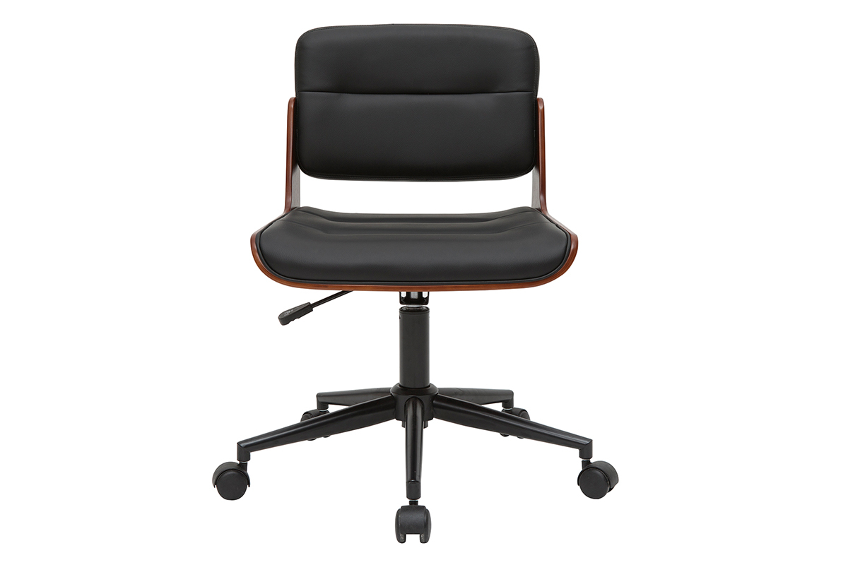 Chaise de bureau noire avec roulettes et structure noyer, vue de face.