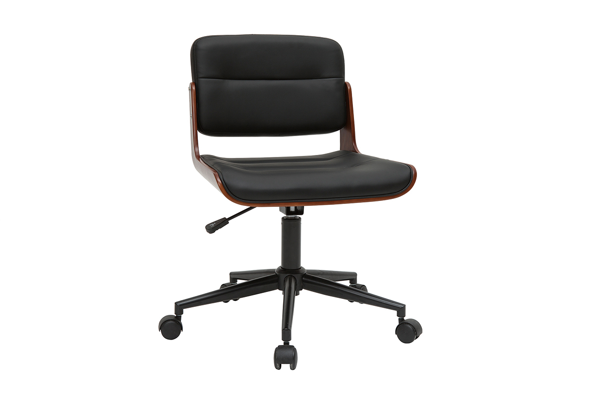 Chaise de bureau design en polyur�thane noir, bois fonc� et m�tal noir, vue de 3/4.