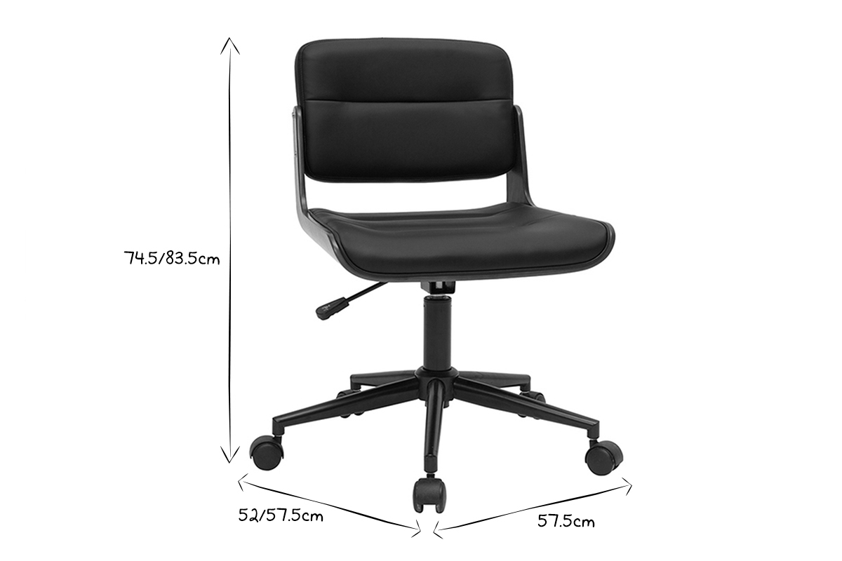 Chaise de bureau en noir et blanc avec dimensions indiqu�es, vue de face.