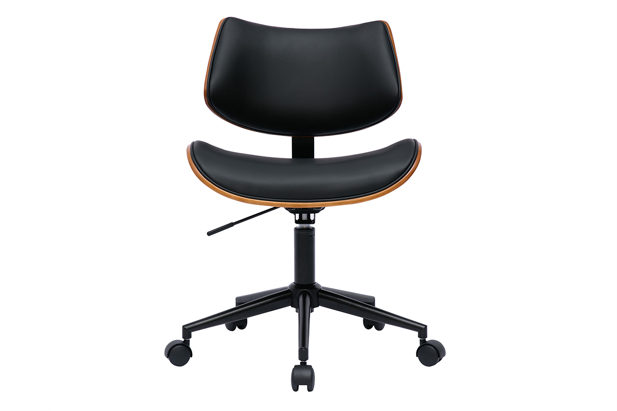 Chaise de bureau � roulettes design noir, bois fonc� noyer et m�tal noir MALMO