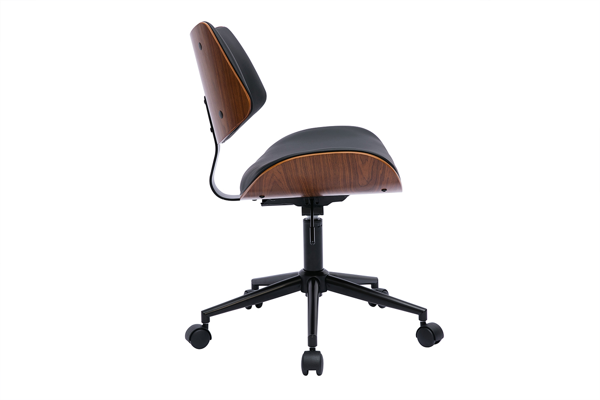 Chaise de bureau � roulettes design noir, bois fonc� noyer et m�tal noir MALMO