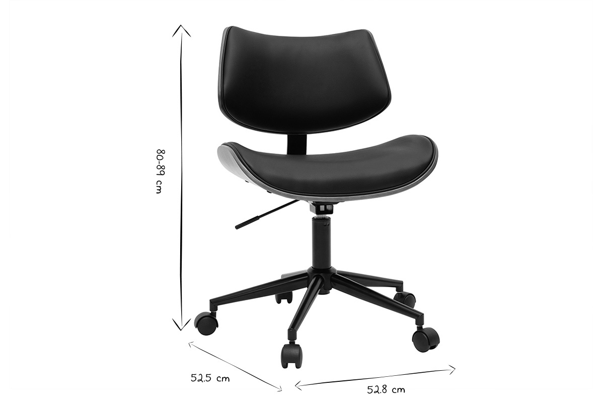 Chaise de bureau � roulettes design noir, bois fonc� noyer et m�tal noir MALMO