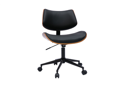 Chaise de bureau &agrave; roulettes design noir, bois fonc&eacute; noyer et m&eacute;tal noir MALMO