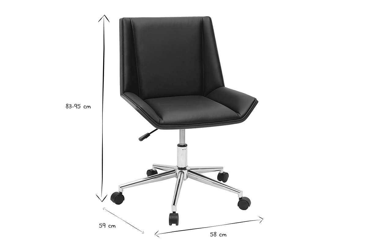 Dimensions du fauteuil de bureau design noir, 83-95x58x59 cm, vue de face.