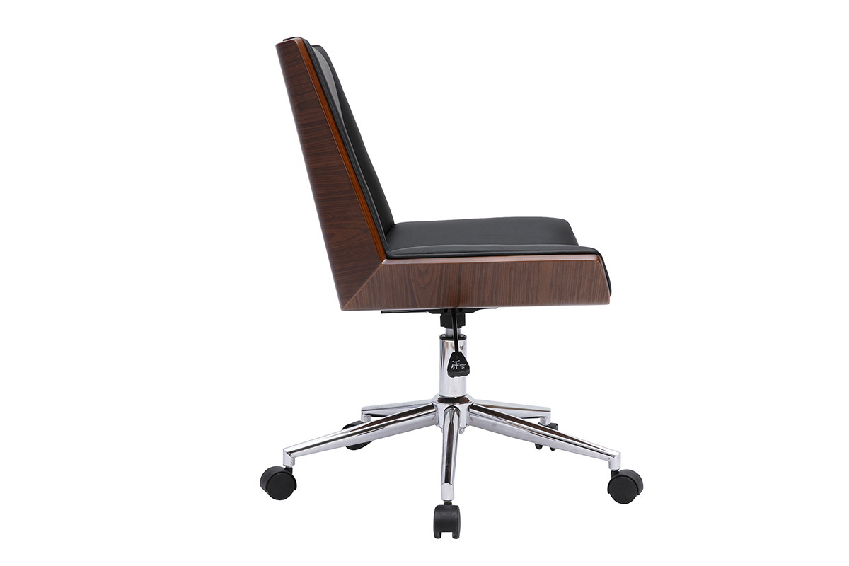 Chaise de bureau noire MELKIOR, vue de c�t�, bois fonc� et acier chrom�.