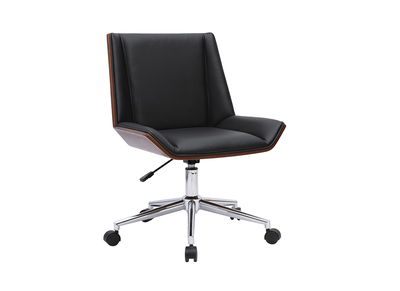 Chaise de bureau &agrave; roulettes design noire, bois fonc&eacute; et acier chrom&eacute; MELKIOR
