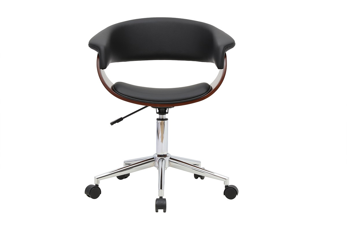 Chaise de bureau � roulettes noire avec accoudoirs, bois fonc� et pied en acier chrom�, vue de face.