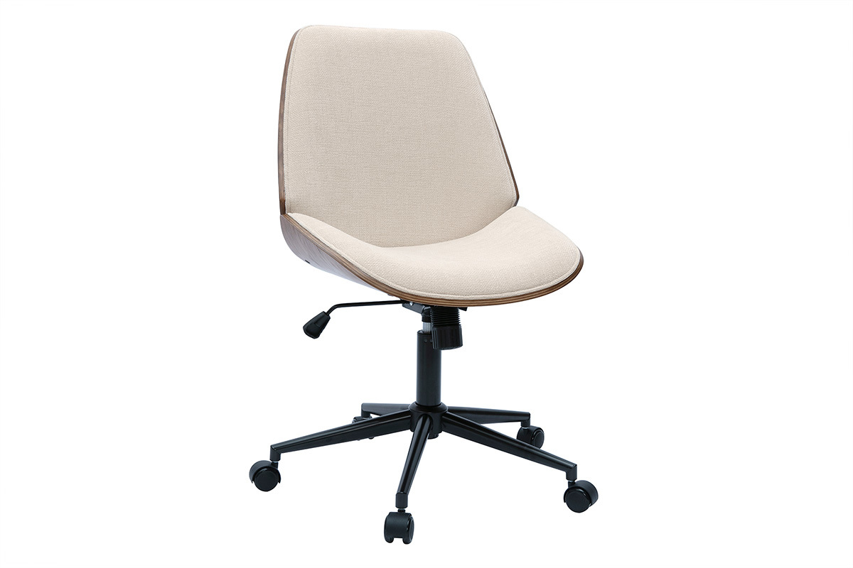Chaise de bureau � roulettes en bois et tissu effet velours textur� beige DOUGLAS