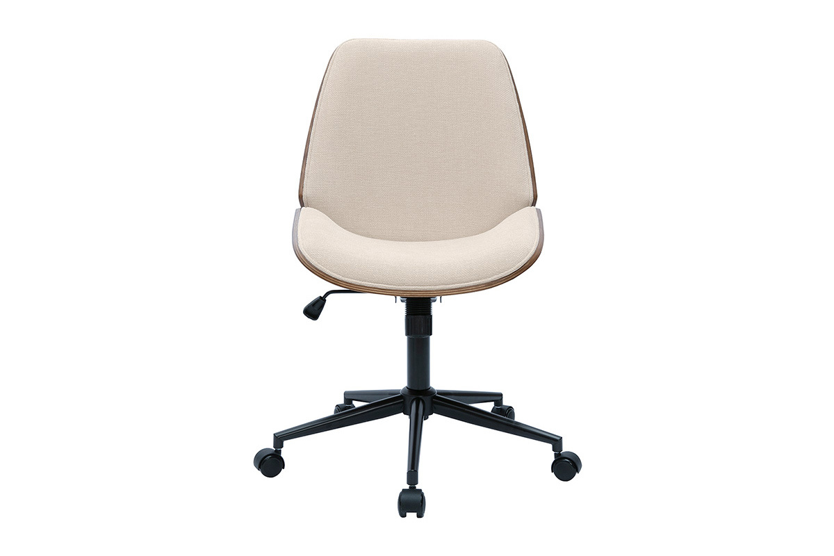 Chaise de bureau � roulettes en bois et tissu effet velours textur� beige DOUGLAS