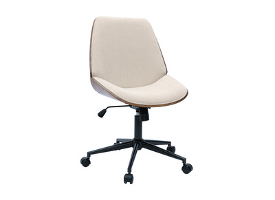 Chaise de bureau &agrave; roulettes en bois et tissu effet velours textur&eacute; beige DOUGLAS