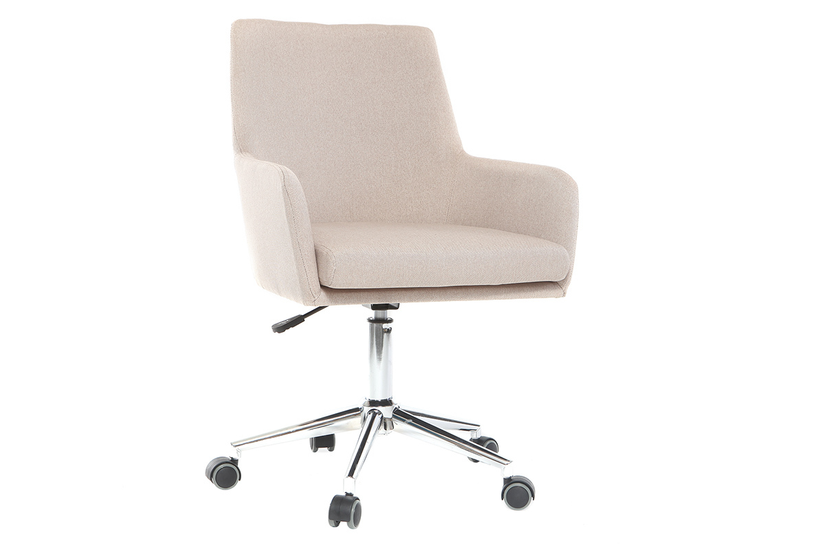 Chaise de bureau SHANA en tissu beige, vue de 3/4, avec roulettes et pied chrom� r�glable.