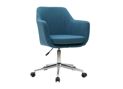 Chaise de bureau &agrave; roulettes en tissu bleu canard et acier chrom&eacute; ALEYNA