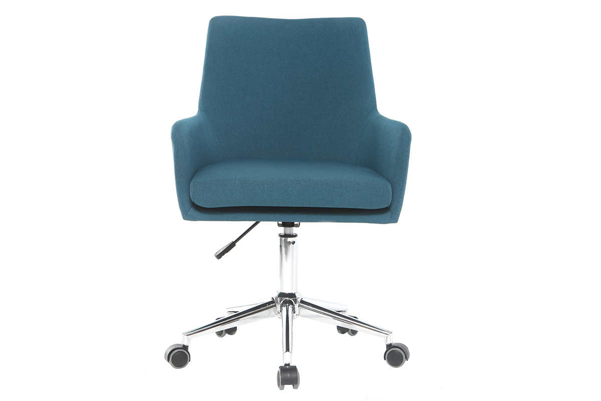 Chaise de bureau � roulettes en tissu bleu canard et acier chrom� SHANA
