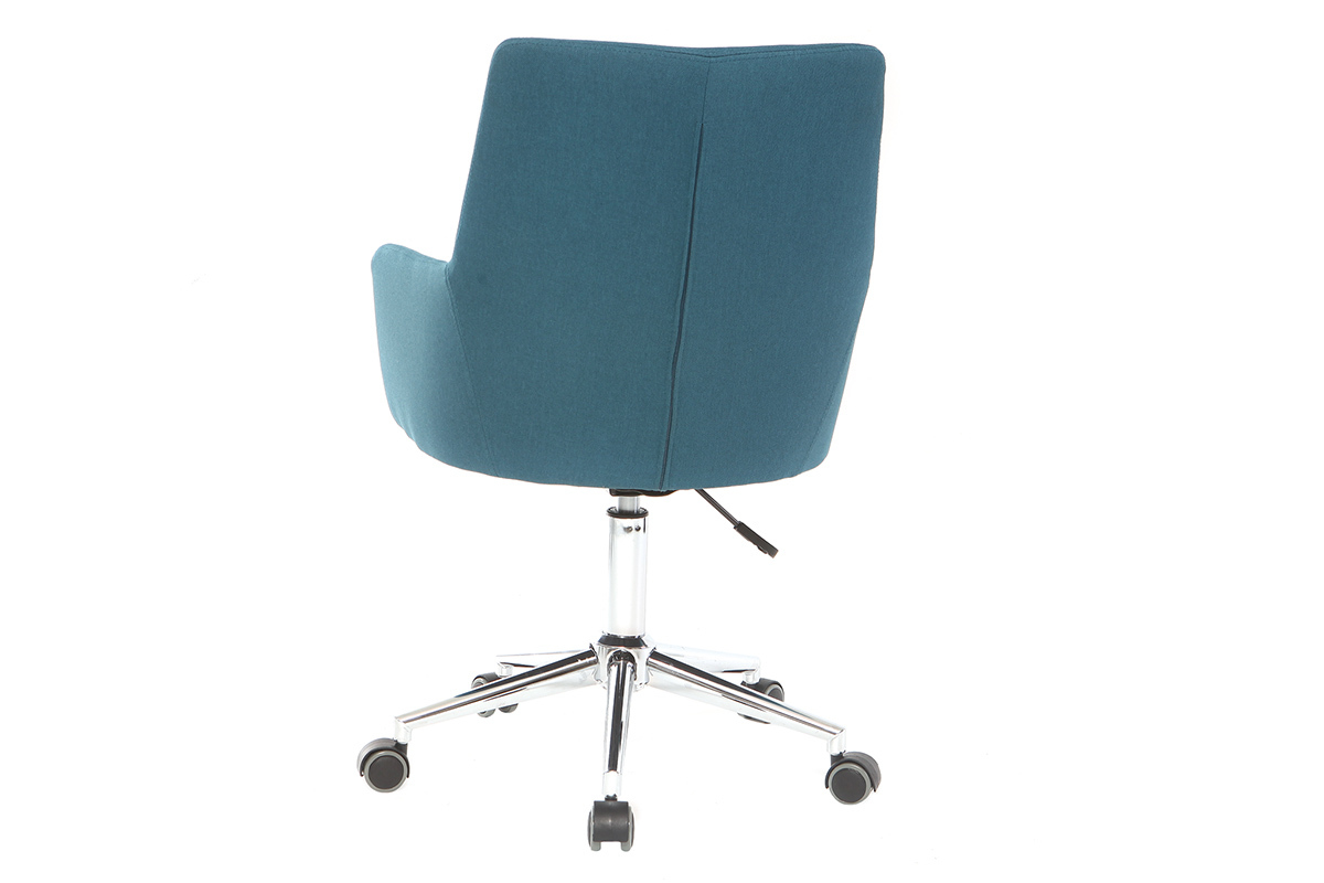 Chaise de bureau � roulettes en tissu bleu canard et acier chrom� SHANA