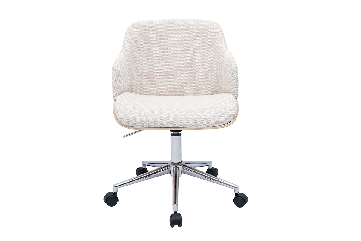 Chaise de bureau � roulettes en tissu chenille beige, bois clair et m�tal chrom� EARL