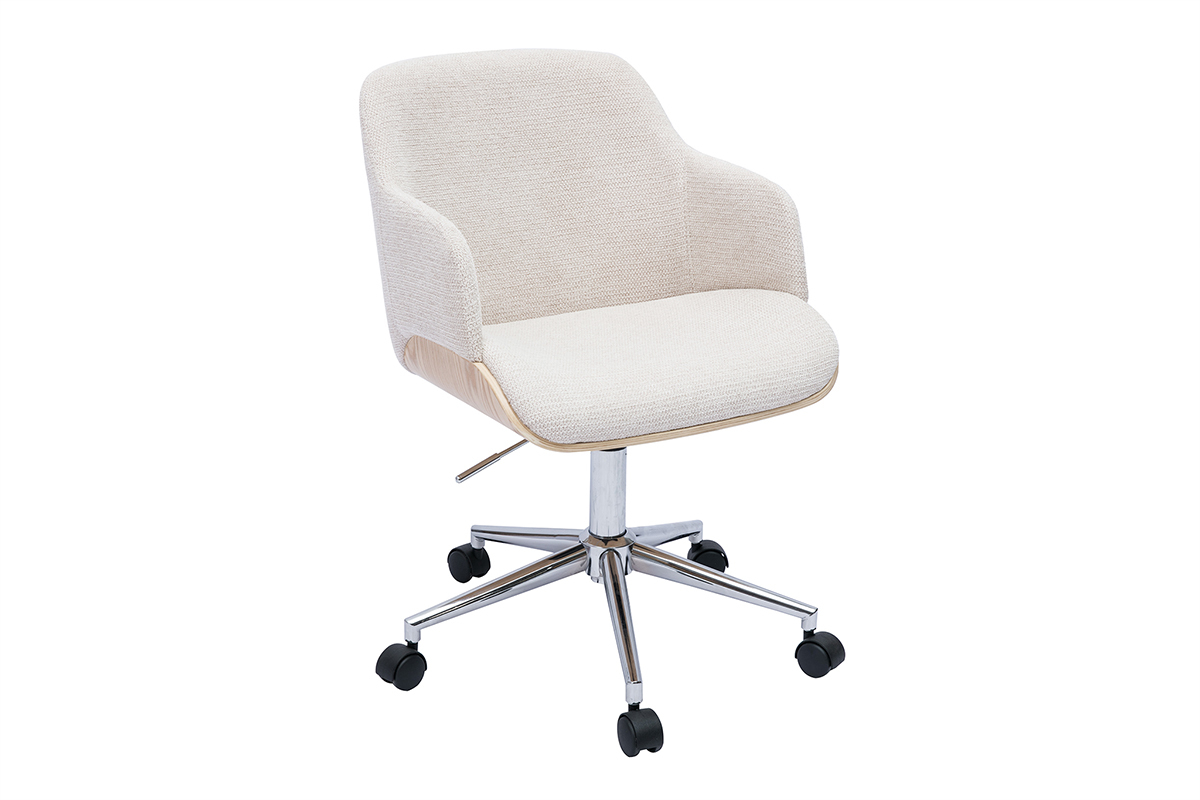 Chaise de bureau � roulettes en tissu chenille beige, bois clair et m�tal chrom� EARL
