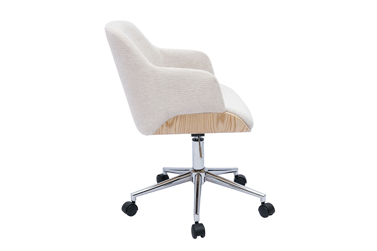 Chaise de bureau � roulettes en tissu chenille beige, bois clair et m�tal chrom� EARL