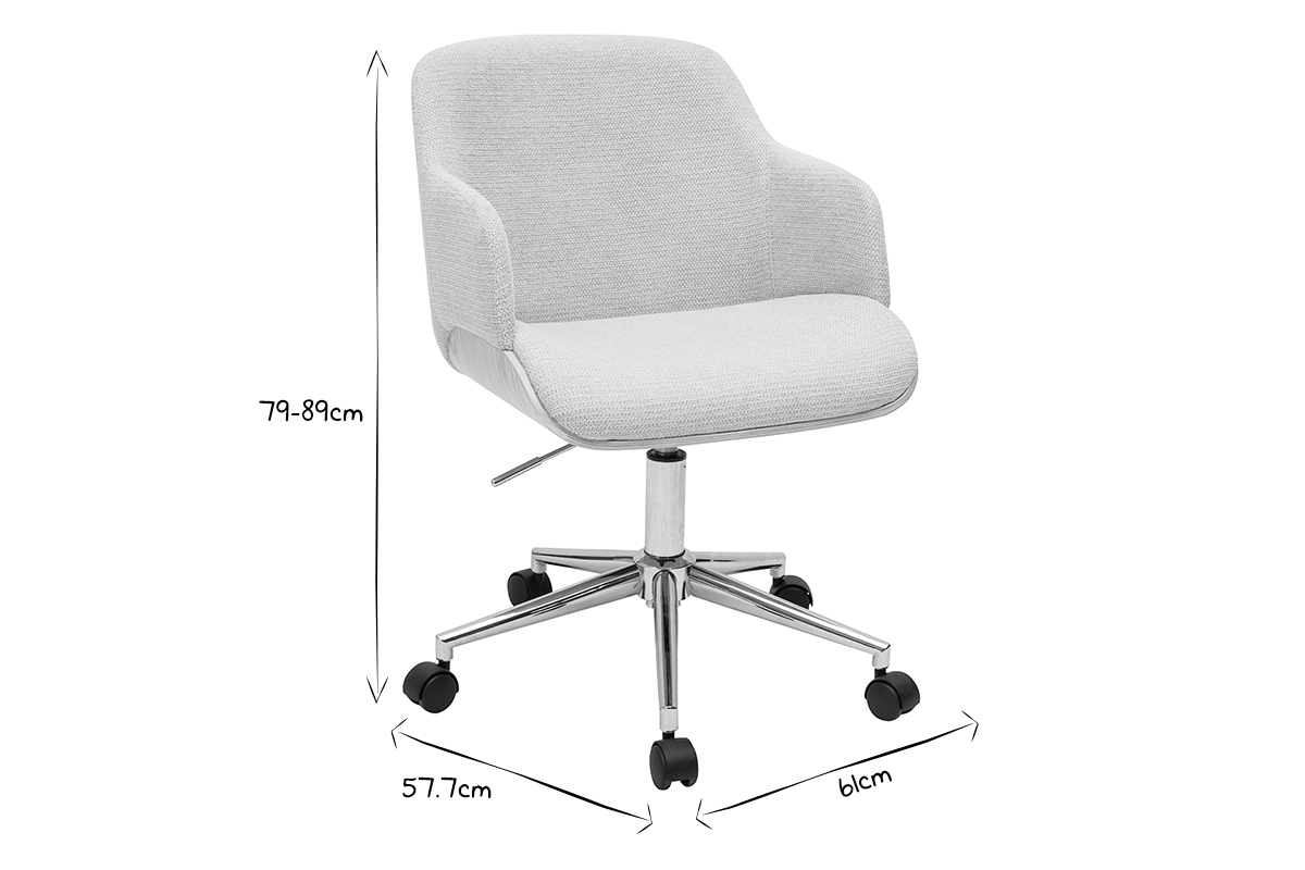 Chaise de bureau � roulettes en tissu chenille beige, bois clair et m�tal chrom� EARL