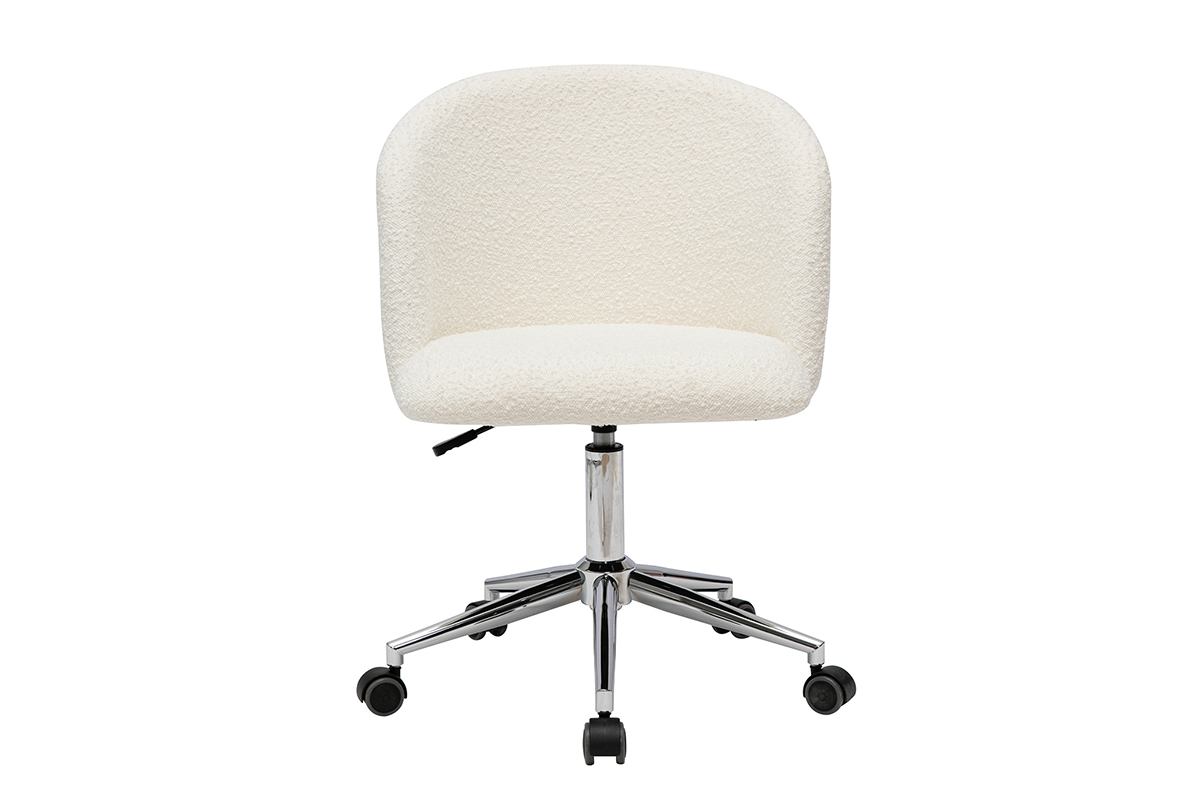 Chaise de bureau � roulettes en tissu effet laine boucl�e blanc cass� et acier chrom� VANITY