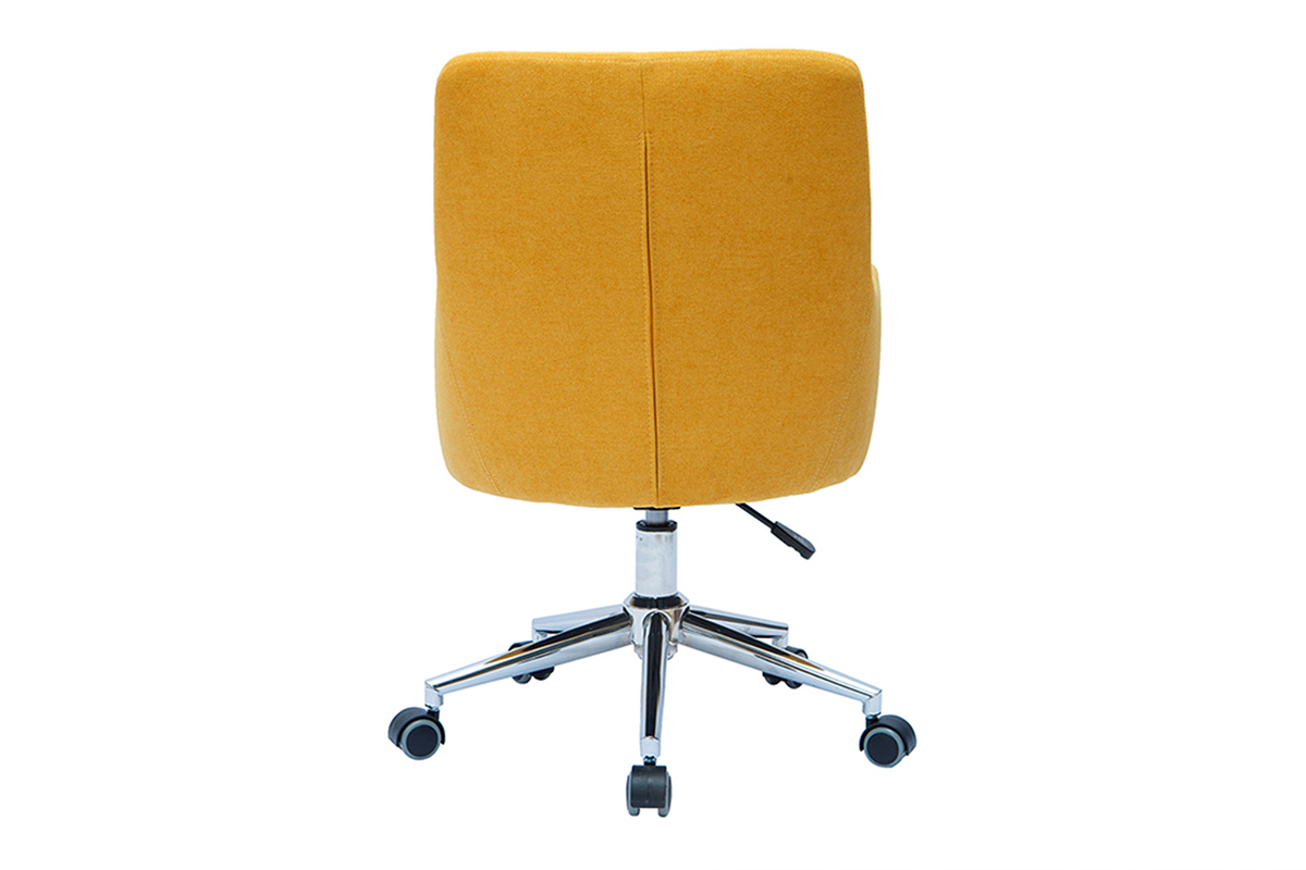 Chaise de bureau jaune vue de dos, structure chrom�e et roulettes.