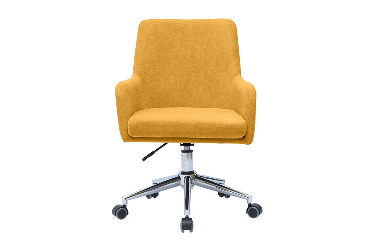 Chaise de bureau jaune moutarde en vue de face avec base en acier chrom� et roulettes.