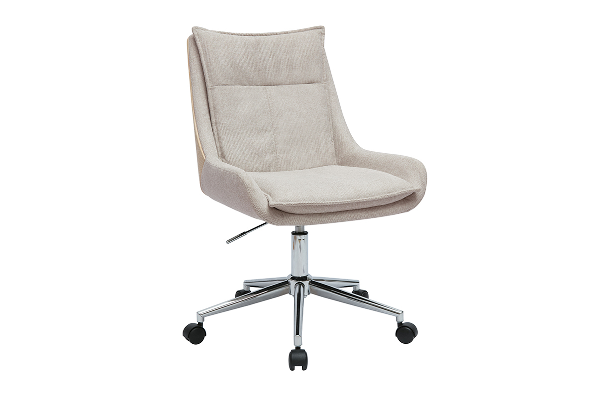 Chaise de bureau � roulettes en tissu effet velours textur� beige et m�tal chrom� BLAISE