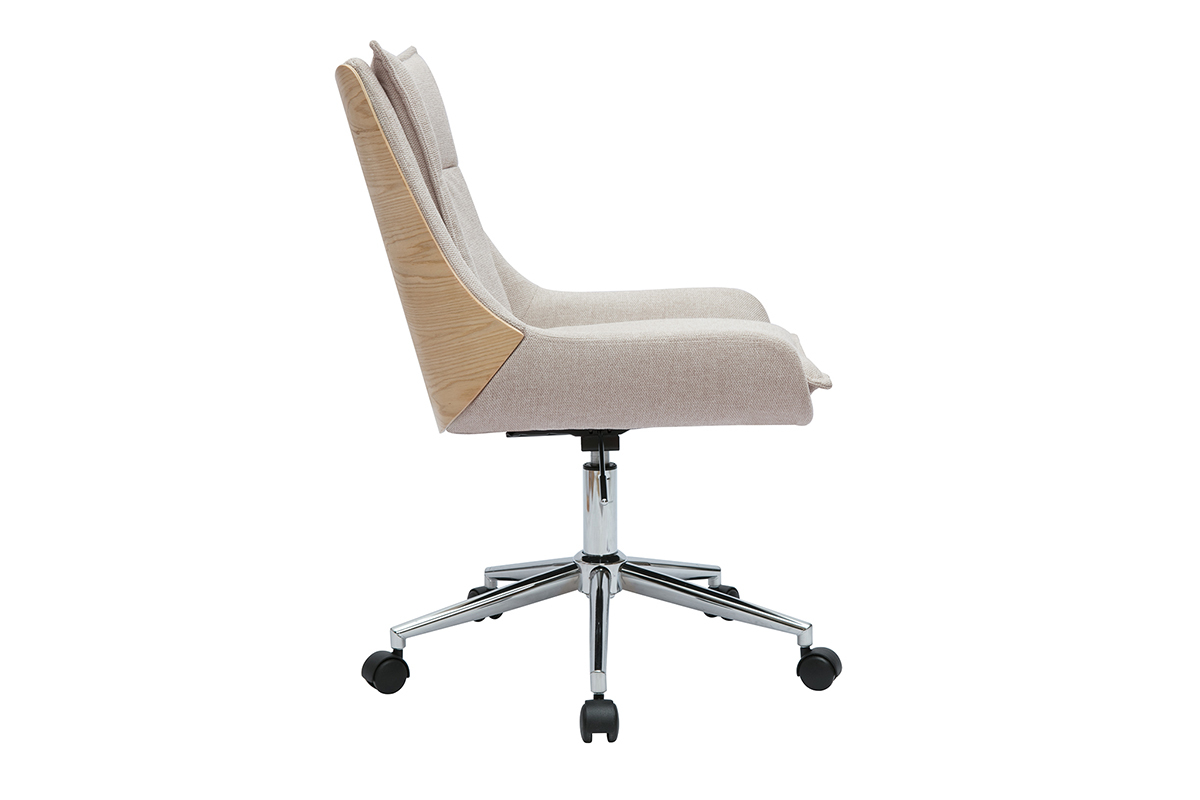 Chaise de bureau � roulettes en tissu effet velours textur� beige et m�tal chrom� BLAISE