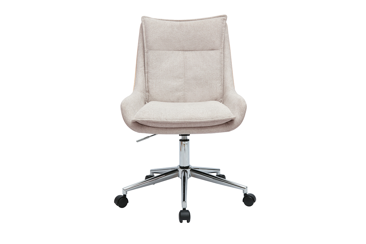 Chaise de bureau � roulettes en tissu effet velours textur� beige et m�tal chrom� BLAISE