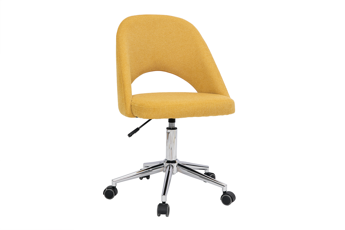 Chaise de bureau � roulettes en tissu effet velours textur� jaune moutarde et acier chrom� COSETTE