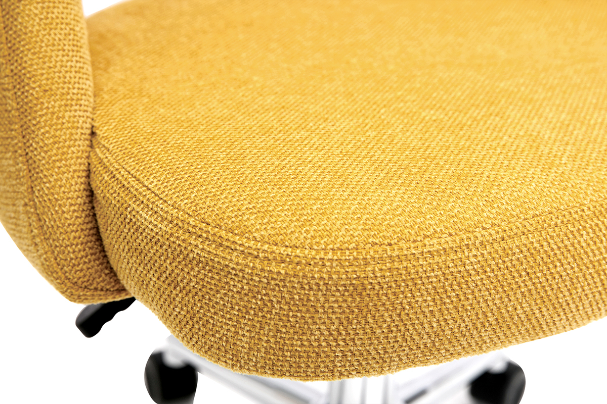 Chaise de bureau � roulettes en tissu effet velours textur� jaune moutarde et acier chrom� COSETTE