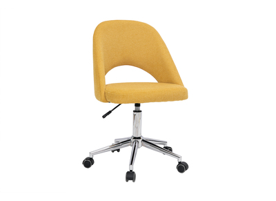 Chaise de bureau &agrave; roulettes en tissu effet velours textur&eacute; jaune moutarde et acier chrom&eacute; COSETTE
