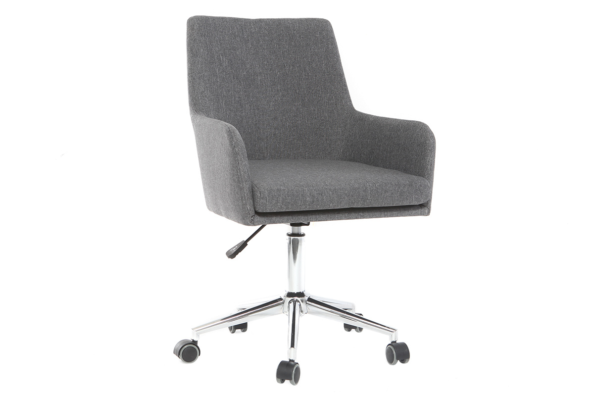 Chaise de bureau SHANA en tissu gris, vue de 3/4 avec roulettes et pied chrom�.