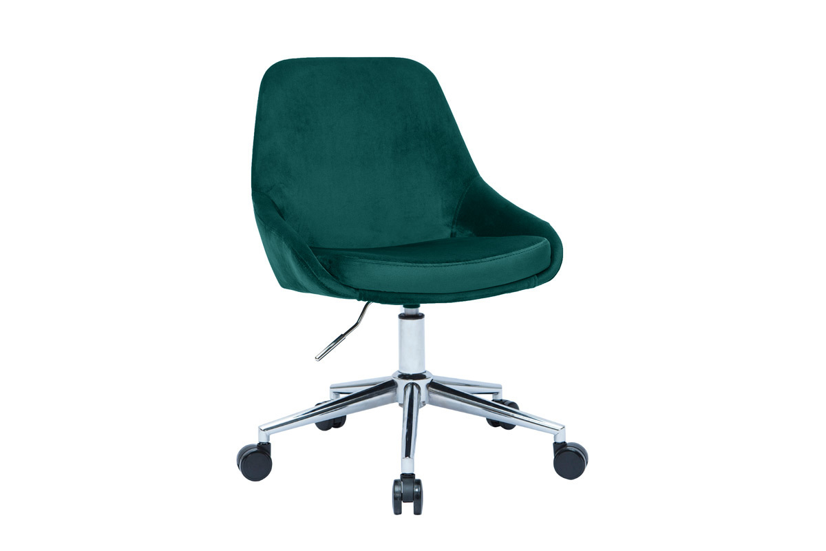 Chaise de bureau � roulettes en tissu velours bleu p�trole et acier chrom� HOLO