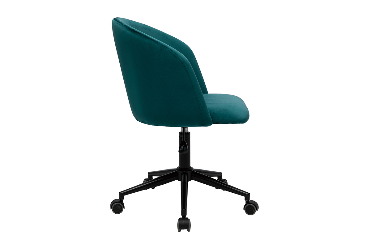 Chaise de bureau bleu p�trole en velours avec roulettes, vue de profil.