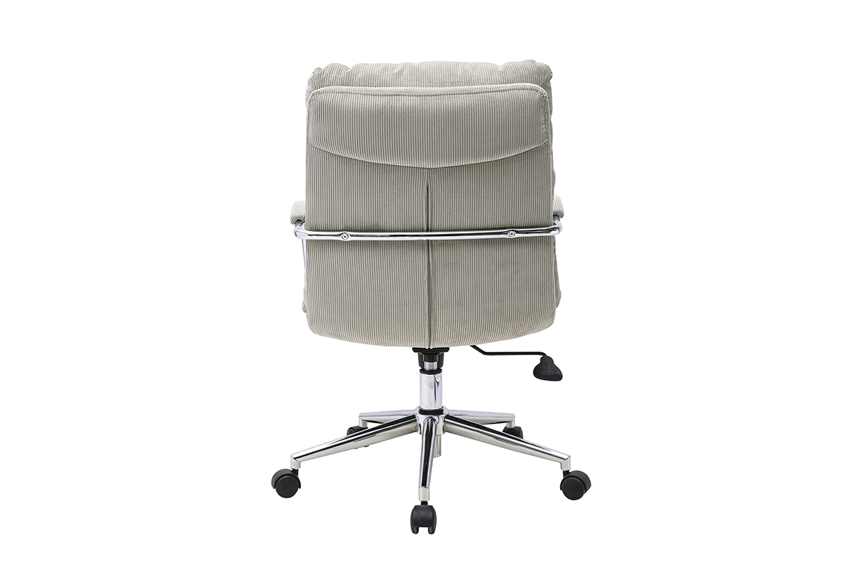 Chaise de bureau MIRABEAU, velours c�tel� taupe, vue arri�re sur pi�tement m�tal chrom� et roulettes