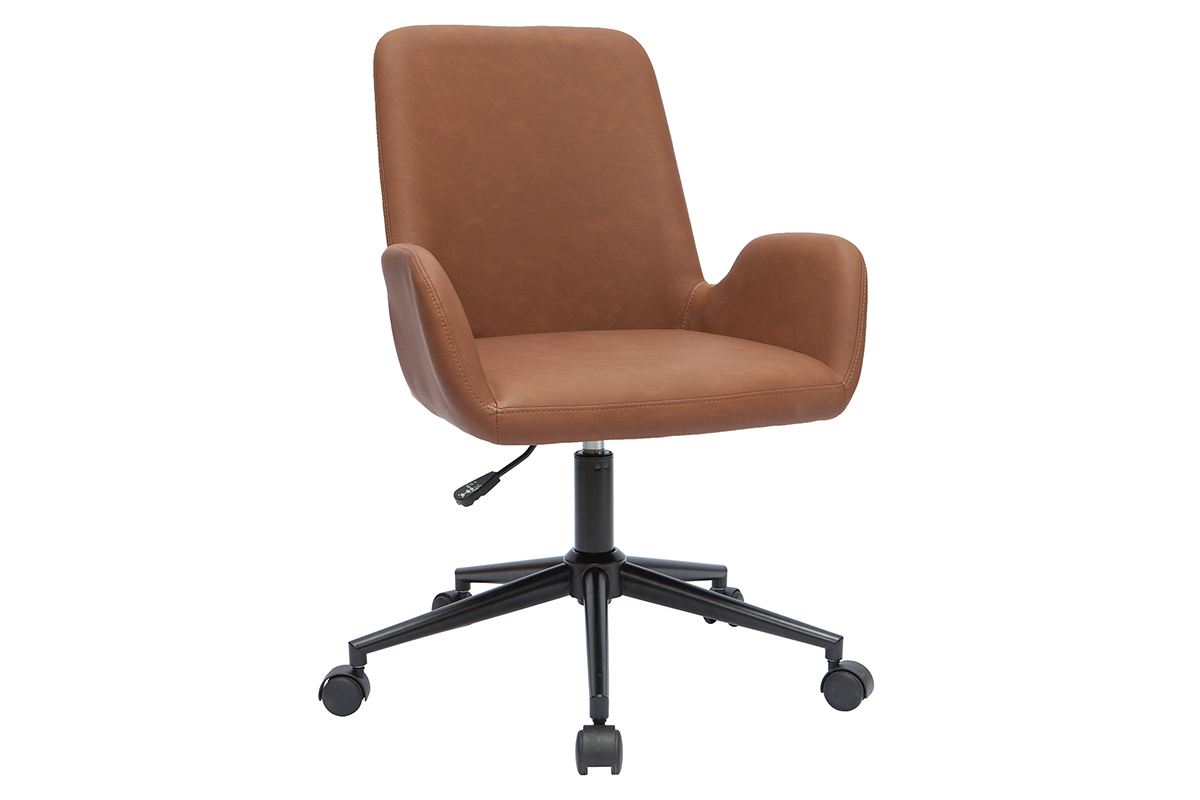 Chaise de bureau marron avec accoudoirs, pi�tement noir et roulettes, vue de trois quarts.