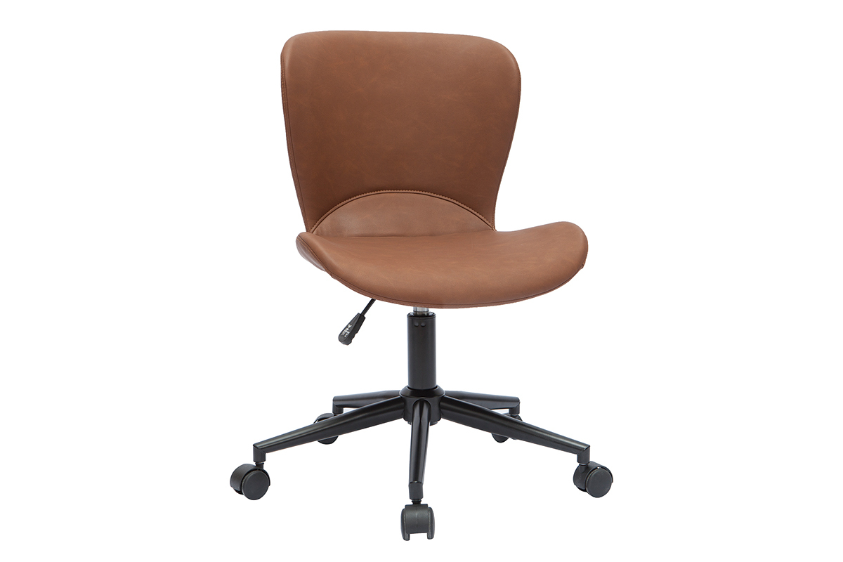 Chaise de bureau marron sur roulettes, vue de 3/4, m�tal noir.