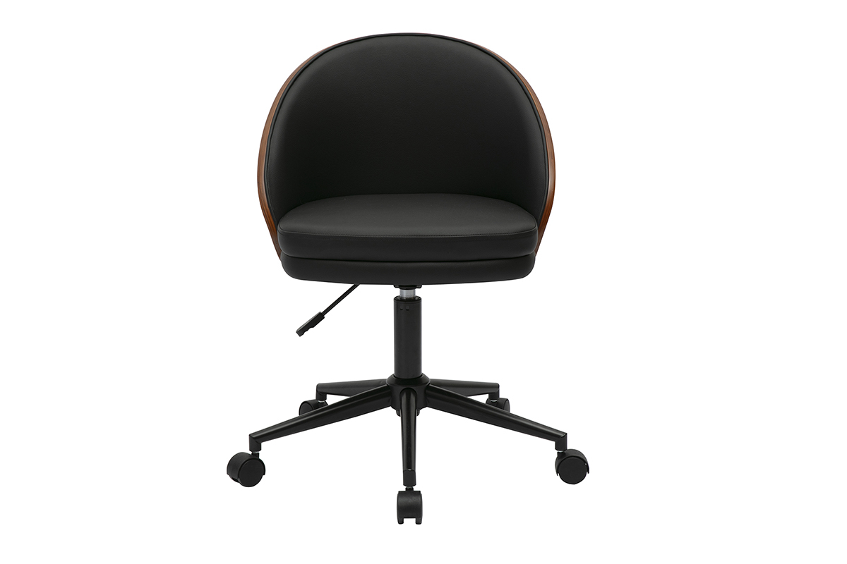 Chaise de bureau noire � roulettes, vue de face, bois fonc� et m�tal.