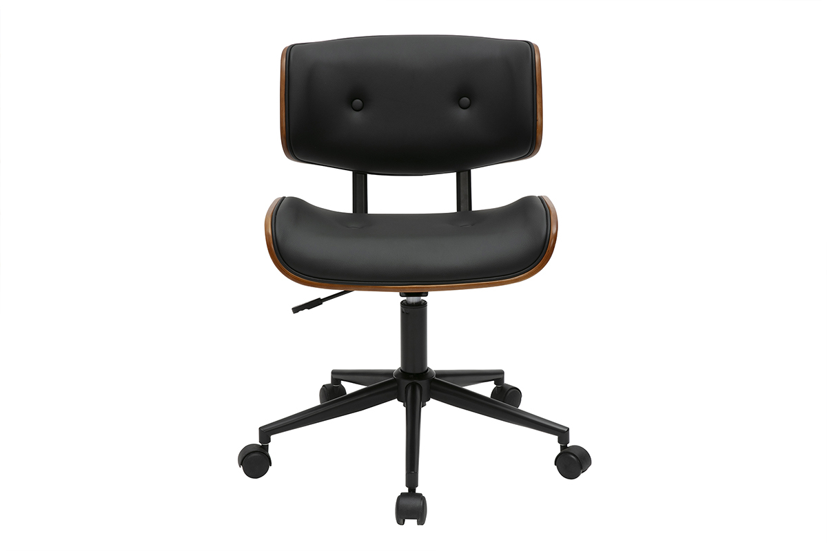 Chaise de bureau noire et bois fonc�, style r�tro-mod moderne, sur roulettes, mod�le BASILE.