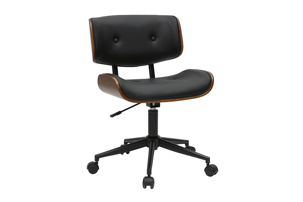 Chaise de bureau � roulettes noire et bois fonc� BASILE, vue 3/4.
